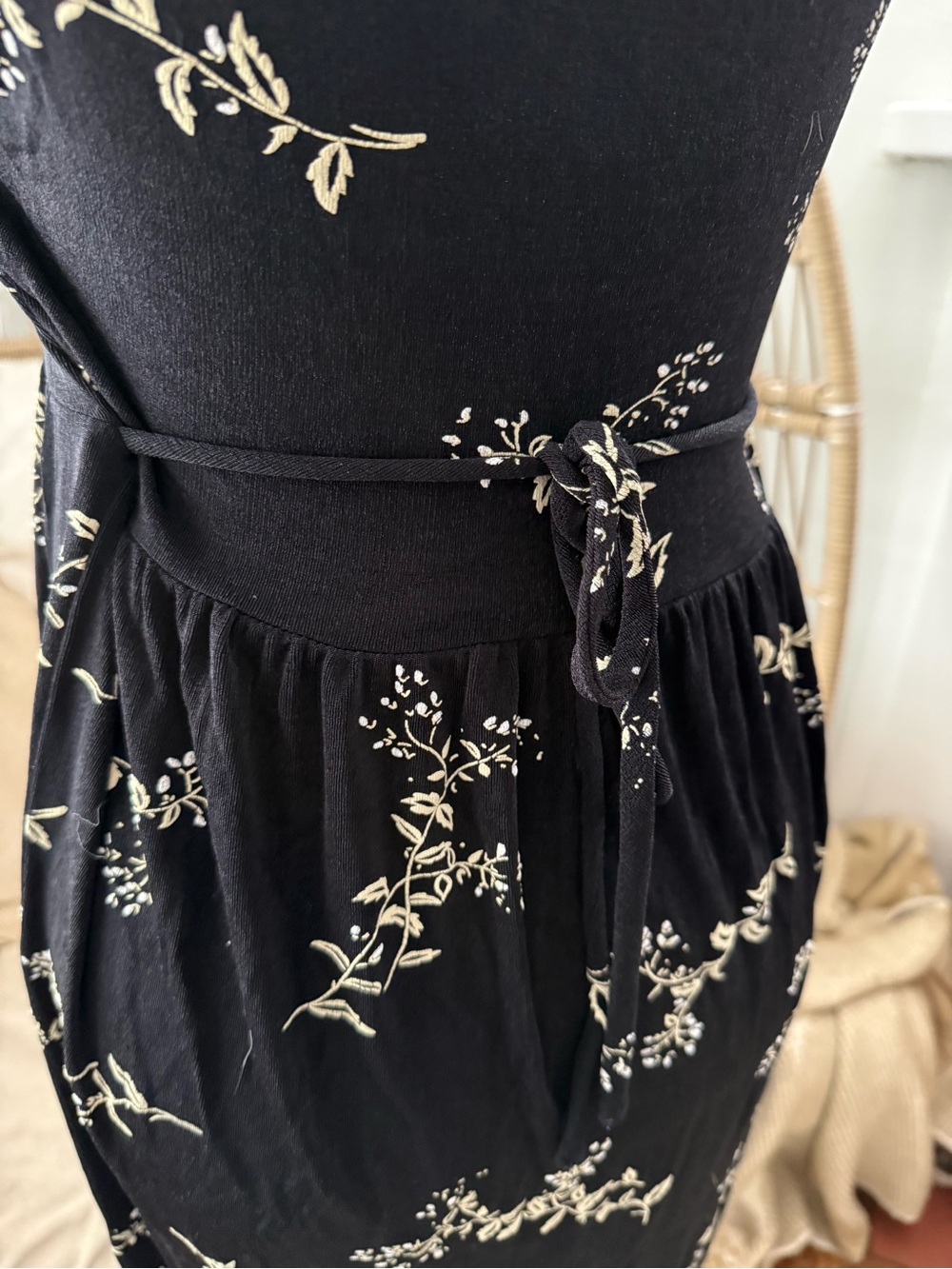 Vintage‎ 90s Grunge Black Floral Sleeveless Midi Dress Tie Back Waist Whimsigoth - Picture 3 of 4